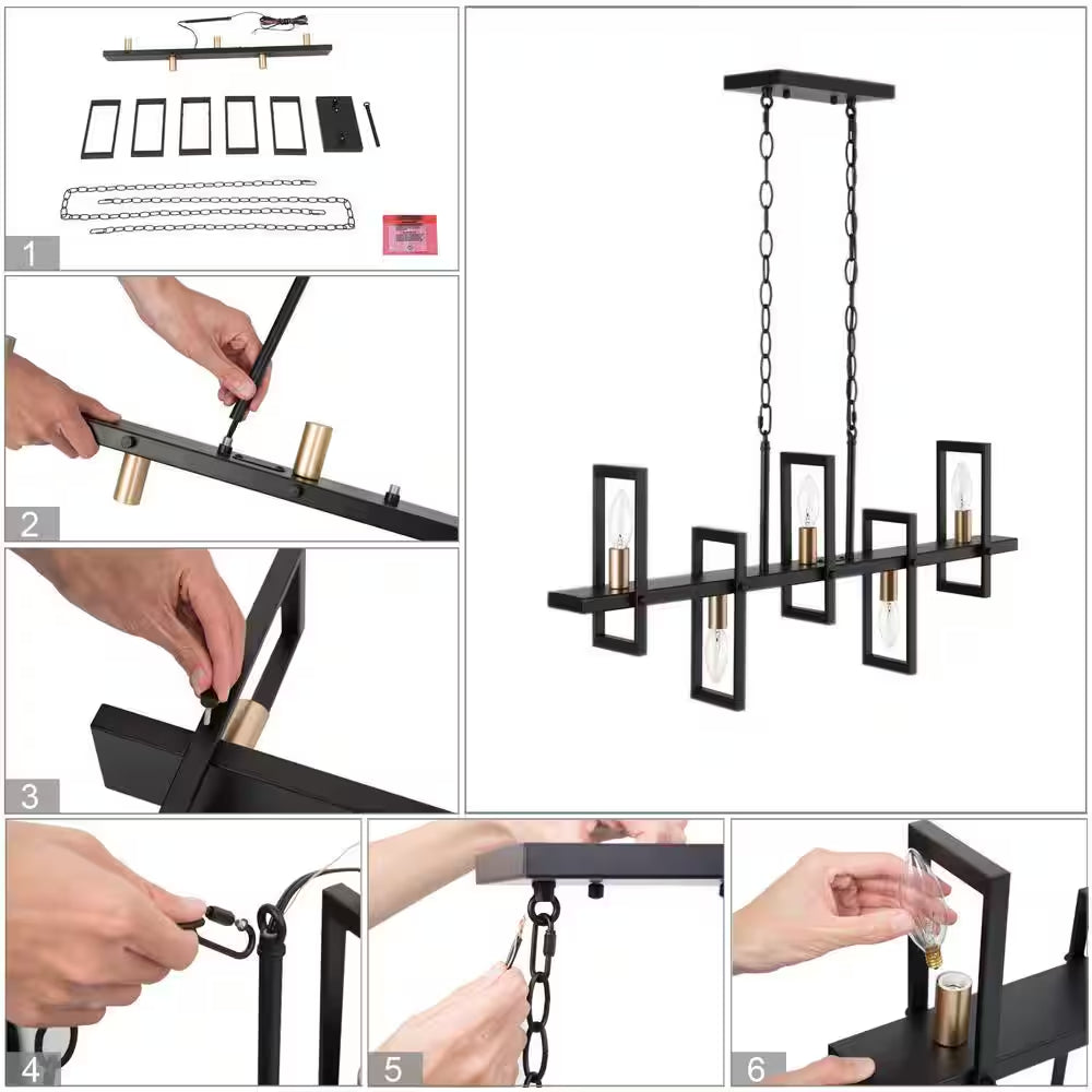 Modern Rectangle Dining Table Chandelier Transitional 5-Light Black and Brass Kitchen Island Candlestick Chandelier