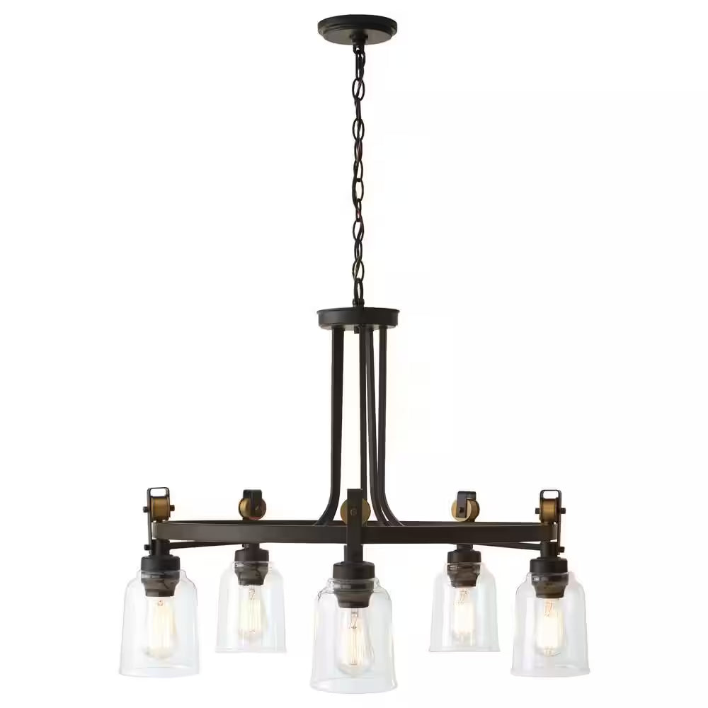 Knollwood 30 In. 5-Light Black Bronze with Brass Accents Industrial round Chandelier for Kitchens