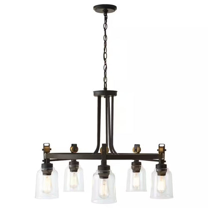 Knollwood 30 In. 5-Light Black Bronze with Brass Accents Industrial round Chandelier for Kitchens