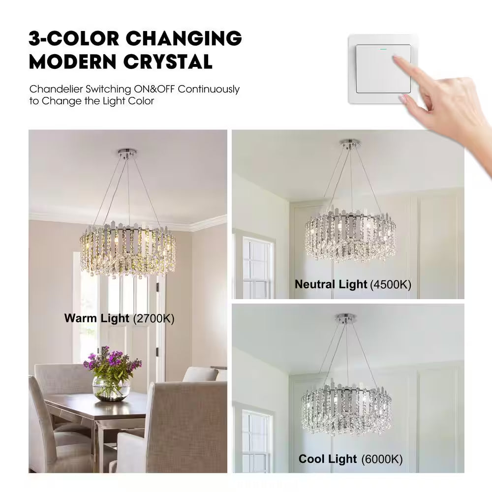 23.6 In. Modern 8-Light Chrome Crystal Chandelier Circle round 2-Tiers Chandelier for Dining Living Room Bedroom