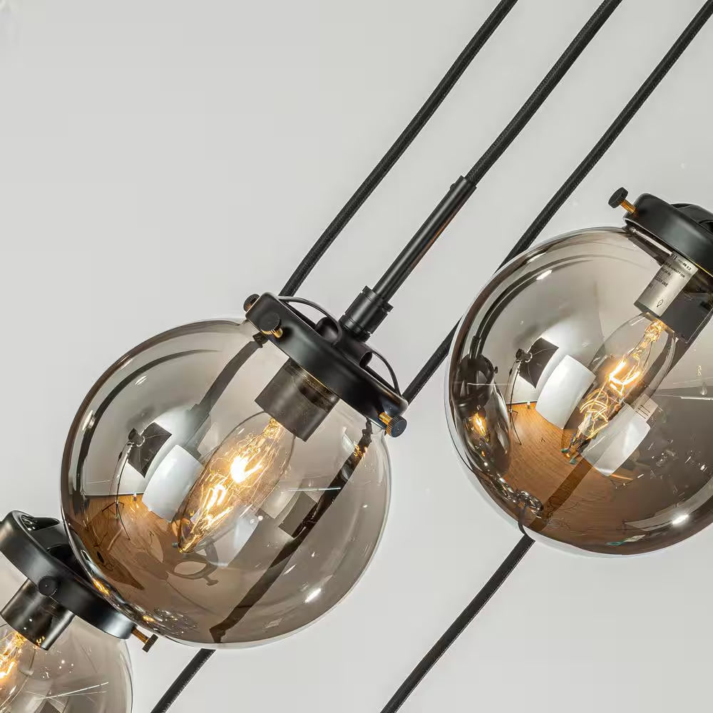 5-Light Modern Matte Black Staircase Chandelier with Smoke Globe Bubble Glass Corner Pendant