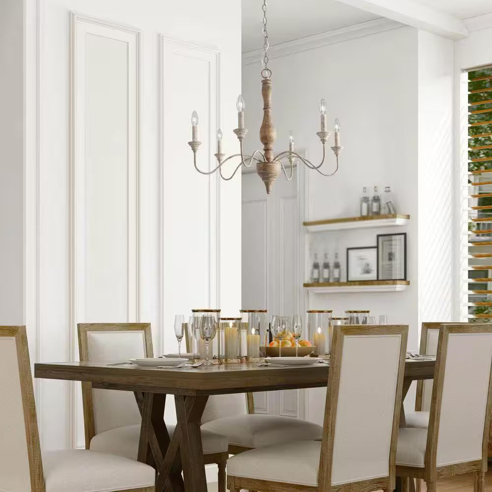 6-Light Rustic Farmhouse Wood Chandelier 29.5 In. W with Antique White French Country Accents and Classic Candle Style