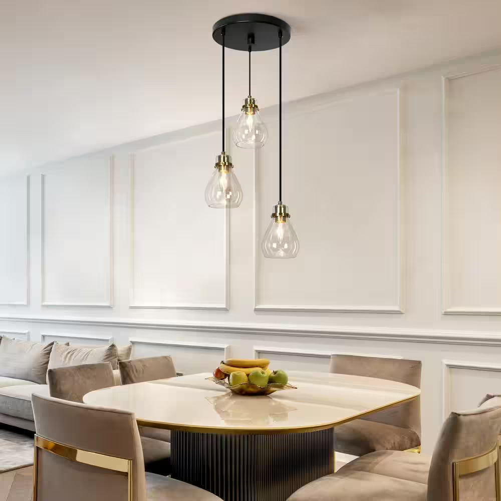 Modern Black and Brass Chandelier 3-Light Height Adjustable Ceiling Light with Teardrop Clear Glass Shades