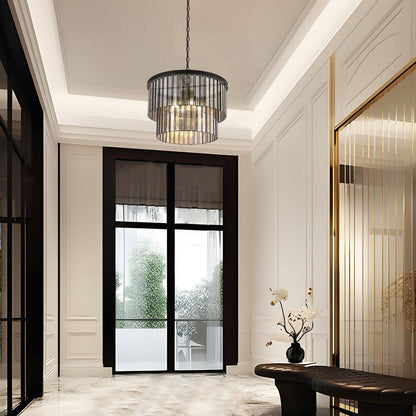 Hemera 4-Light Black Modern Drum Chandelier with 2-Tier Plated Mercury Glass Shade Living Room Silvered Hanging Light