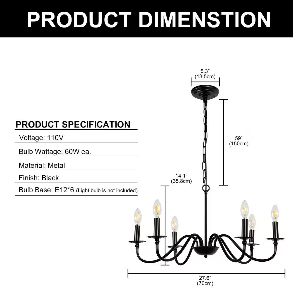 6-Light Black Candle Rustic Industrial Iron Chandeliers for Dining Room Living Room