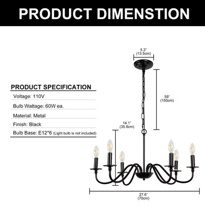 6-Light Black Candle Rustic Industrial Iron Chandeliers for Dining Room Living Room