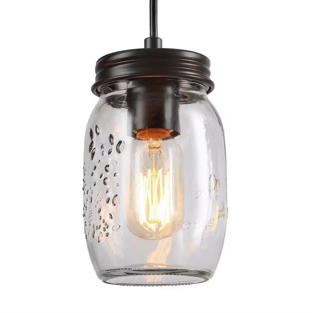 Modern Farmhouse 33 In. Wood DIY Linear Cluster Chandelier 5-Light Dark Brown Island Pendant with Rustic Mason Jar Shade
