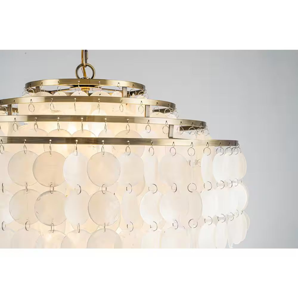 22 In. 6-Light Coastal Capiz Seahells Chandelier 4-Tier Vintage Natural Seashell Hanging-Light in Antique Gold