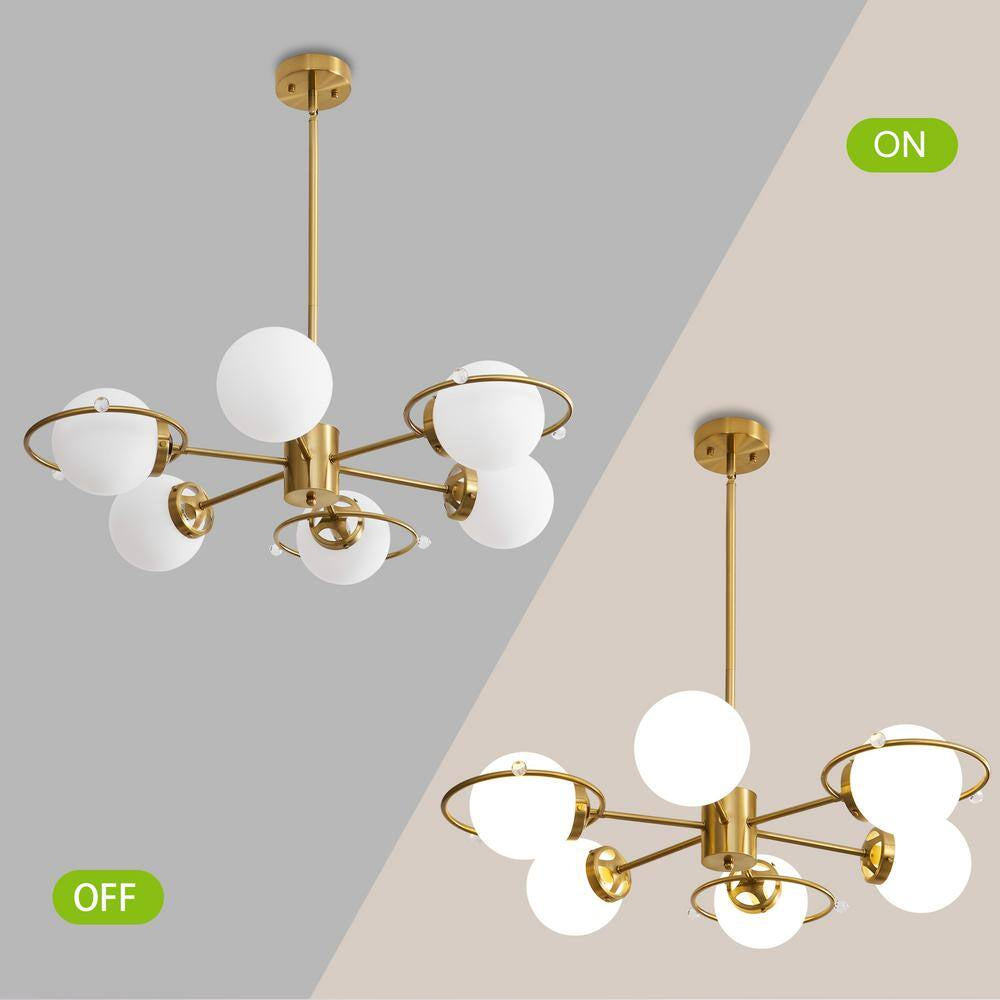 Modern 6-Light Gold Sputnik Chandeliers with Milk White Glass Shade and Height Adjustable, Bulbs Not Included