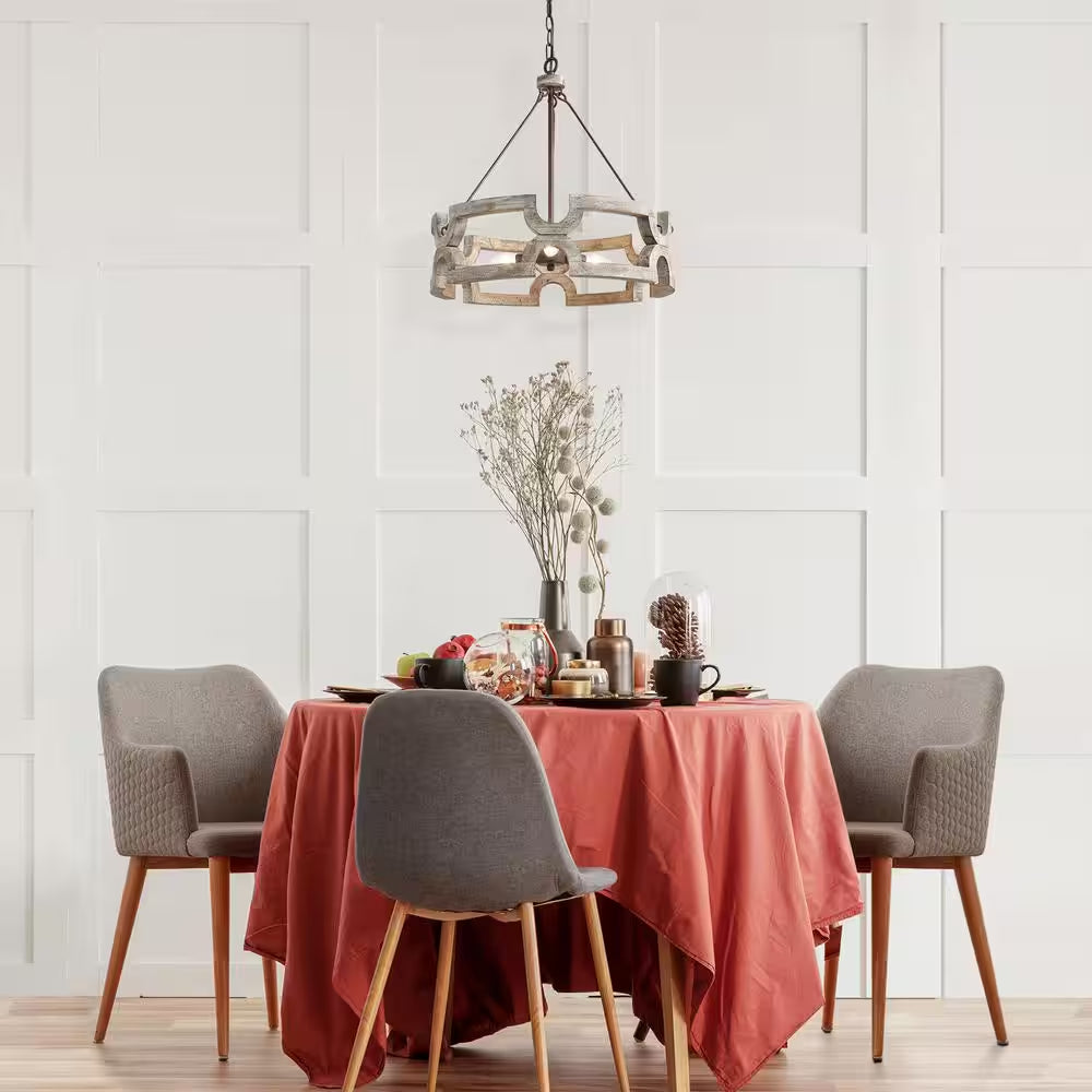 Modern Farmhouse Solid Wood Drum Island Chandelier 3-Light Rustic Brown Pendant Light for Dining Room Kitchen Entryway