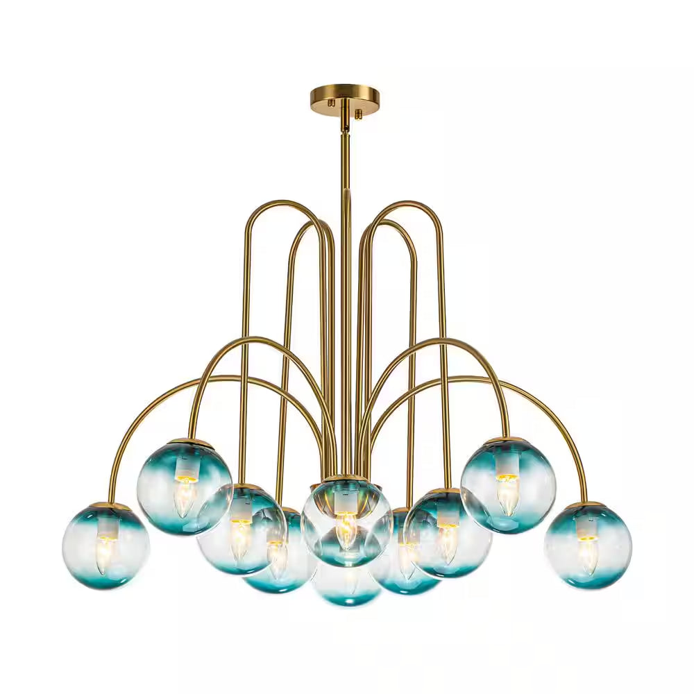 Ayden Modern 10-Light Gold Sputnik Sphere Chandelier with Blue Glass Globe Bubble