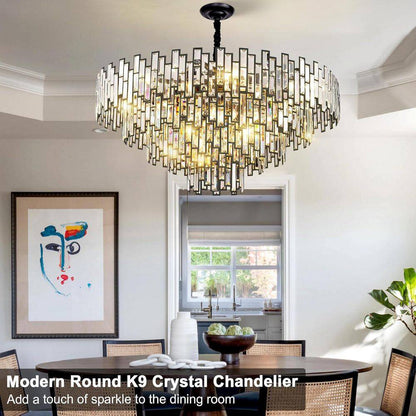 38.5 In. Modern Chandelier 26-Light 5-Tier Black round K9 Crystal Chandelier for Dining Room Living Room Entryway, Foyer