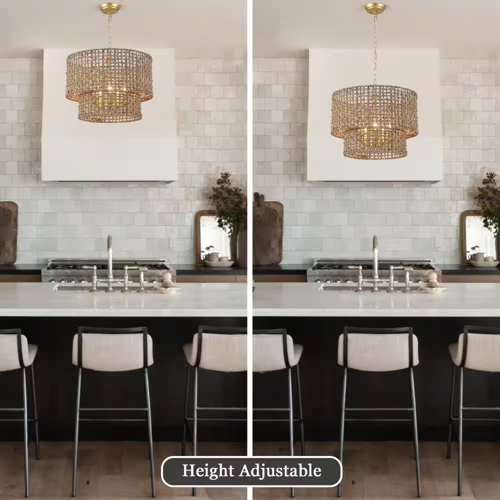 5-Light Gold Bohemian Chandelier 2-Tier Rattan Drum Pendant Light for Living Room