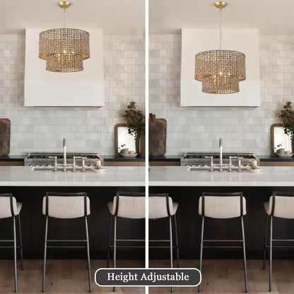 5-Light Gold Bohemian Chandelier 2-Tier Rattan Drum Pendant Light for Living Room