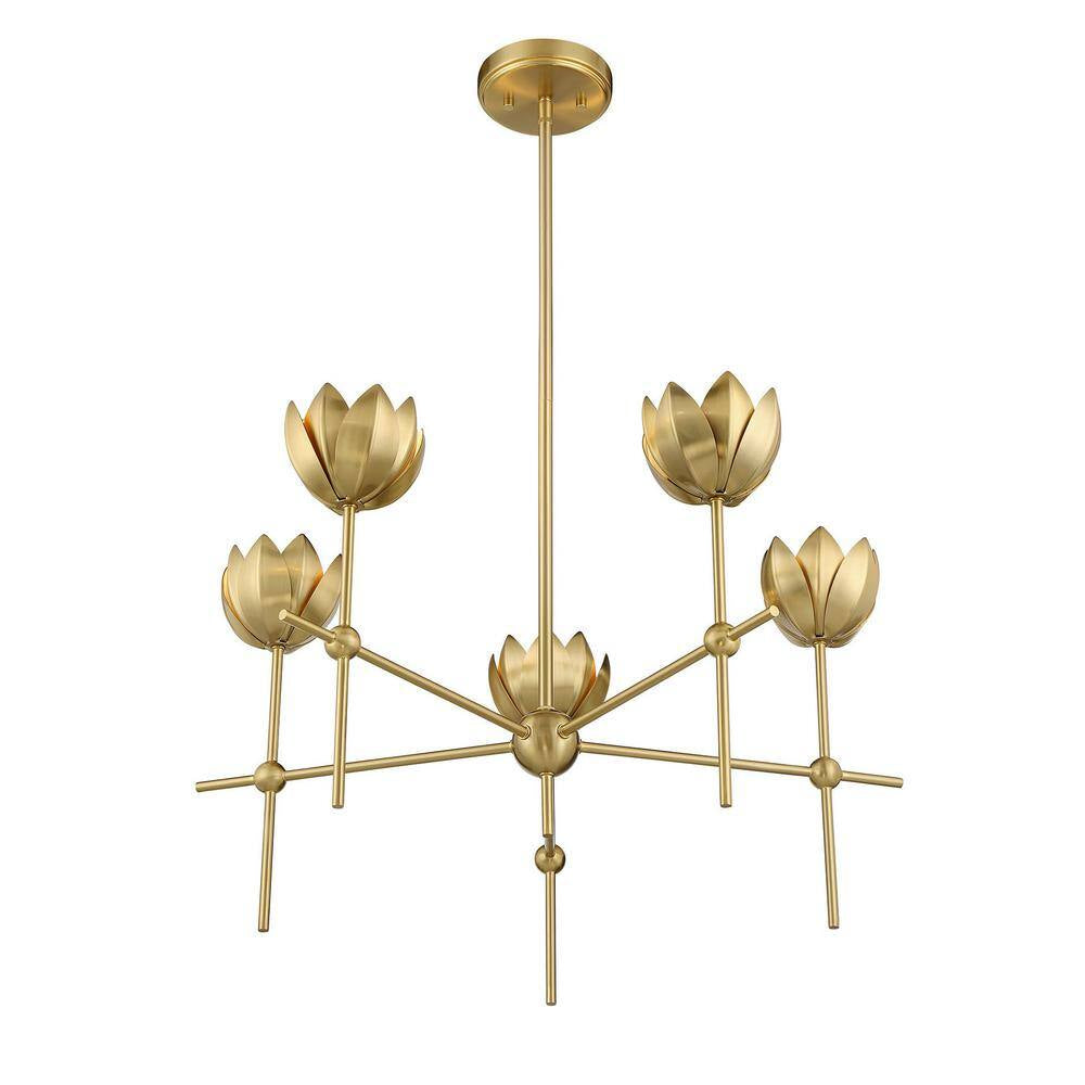 Meridian 26 In. W X 14 In. H 5-Light Natural Brass Bohemian Chandelier with Metal Shades