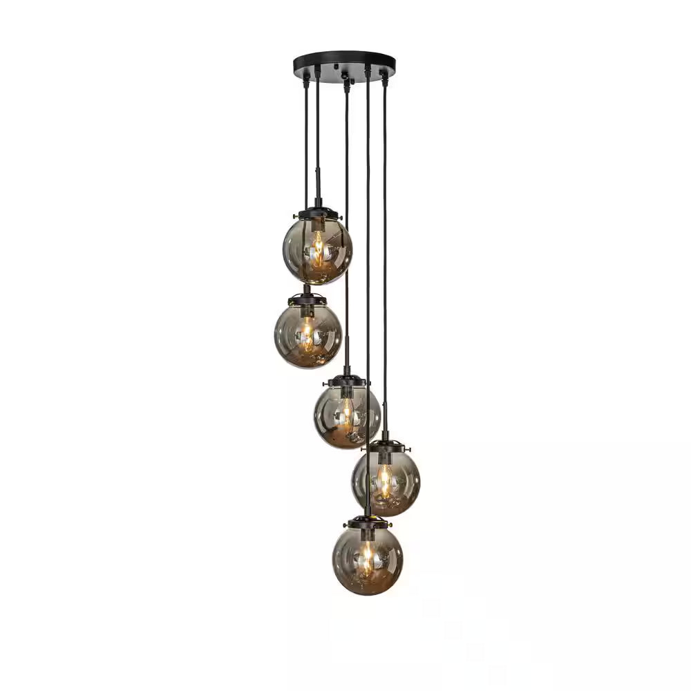 5-Light Modern Matte Black Staircase Chandelier with Smoke Globe Bubble Glass Corner Pendant