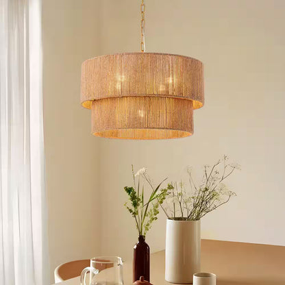 5-Light Yellow Bohemian 2-Tier Hand-Woven Rattan Drum Chandelier