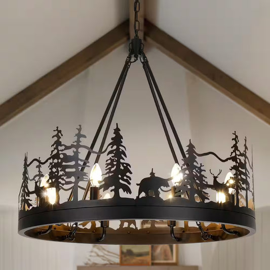 8-Light Black Ambient Rustic Chandelier Wagon Wheel Farmhouse Chandelier for Dining Living Room Foyer