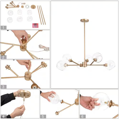 Modern Gold Dining Room Chandelier, Bubble 31.5 In. 6-Light Farmhouse Sputnik Bedroom Chandelier with Clear Glass Shades