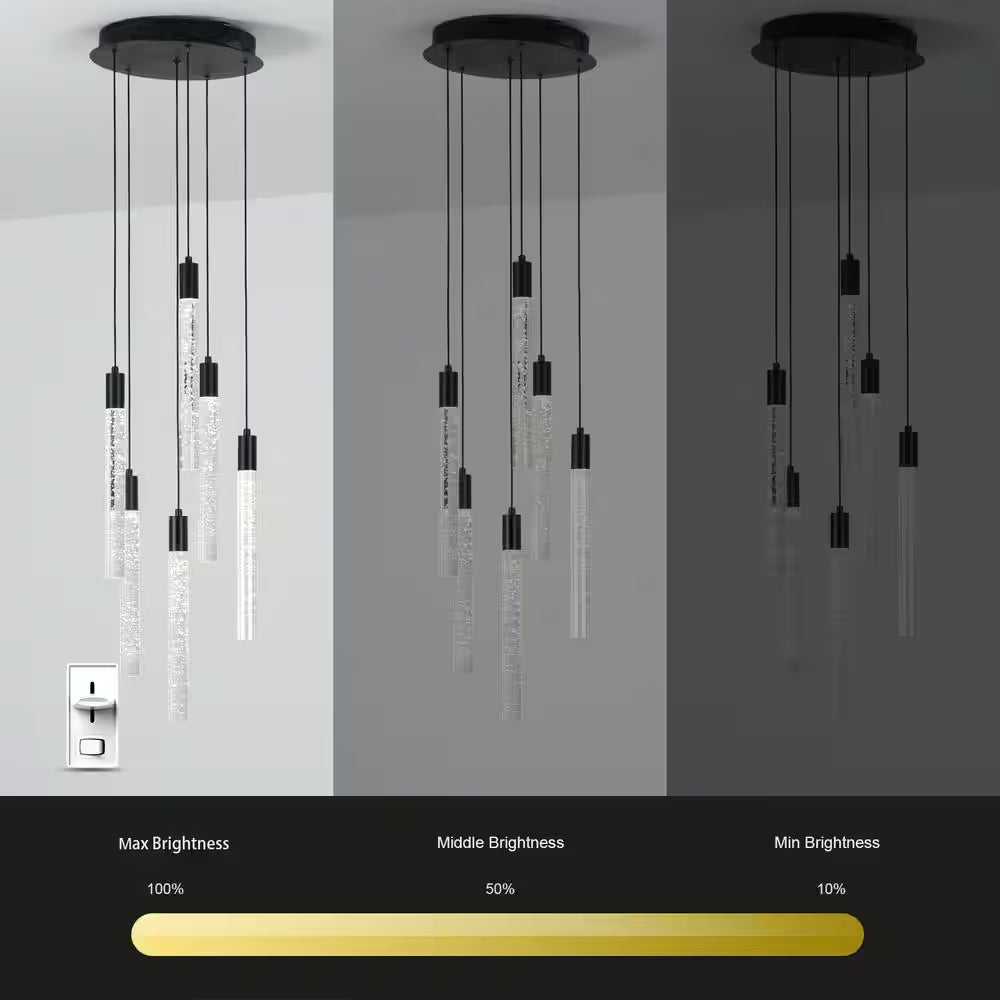 6-Light Dimmable Integrated LED Black Crystal Chandelier for Stairs Dining Room Hallway