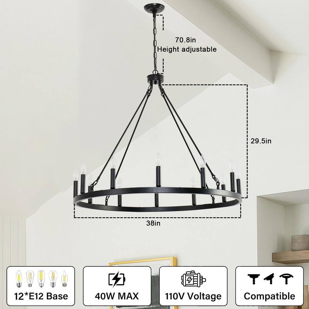 38 In. 12-Light Black Wagon Wheel Chandelier round Wagon Wheel Outdoor Chandelier Porch Light Fixtures