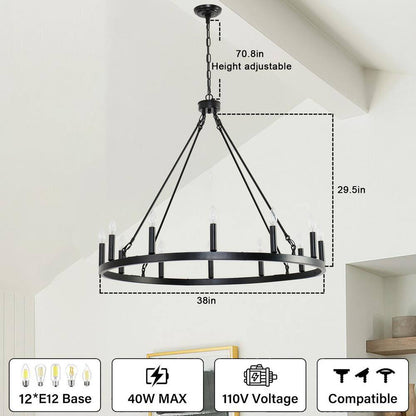 38 In. 12-Light Black Wagon Wheel Chandelier round Wagon Wheel Outdoor Chandelier Porch Light Fixtures