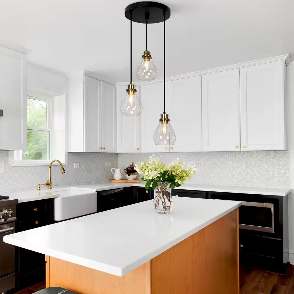 Modern Black and Brass Chandelier 3-Light Height Adjustable Ceiling Light with Teardrop Clear Glass Shades