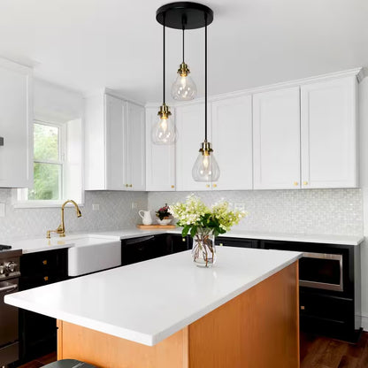 Modern Black and Brass Chandelier 3-Light Height Adjustable Ceiling Light with Teardrop Clear Glass Shades