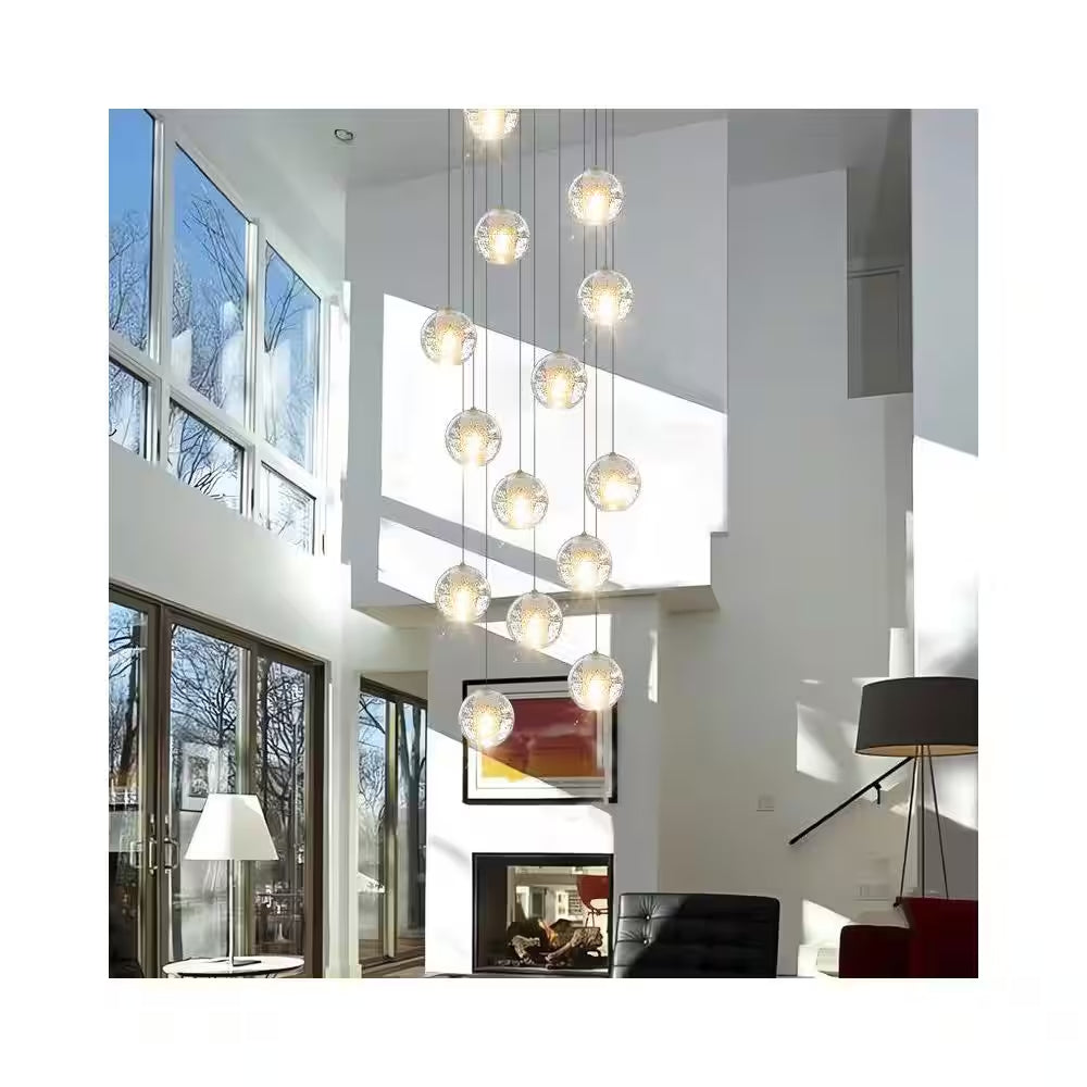120 In. H 14-Light Black Staircase Chandelier Modern Pendant Light W/Glass Shade for High Ceiling Living Room Entryfoyer