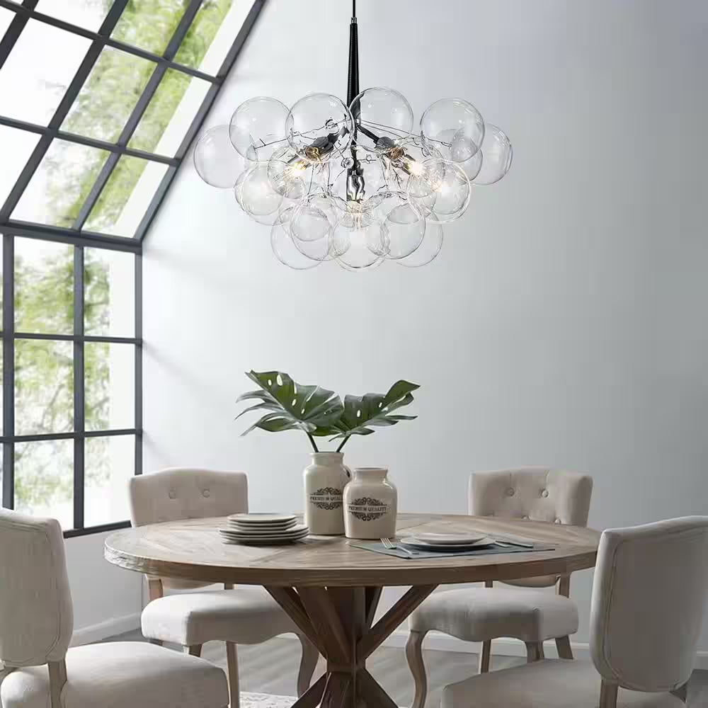 Alma 6-Light 24.8 In.W Silver and Black Cluster Bubble Chandelier with Clear Glass and Leather, LED Bulbs Included