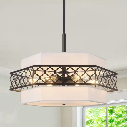 6-Light Modern Farmhouse Black Fabric Drum Chandelier for Living Room Kitchen Entryway Hallway Foyer