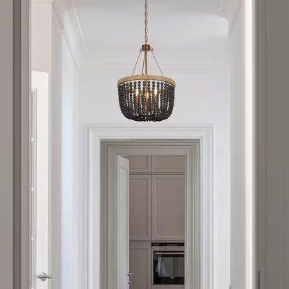 Modern Farmhouse Empire Drum Beaded Chandelier Light, 3-Light Gold Transitional Boho Chandelier with Black Wood Beads