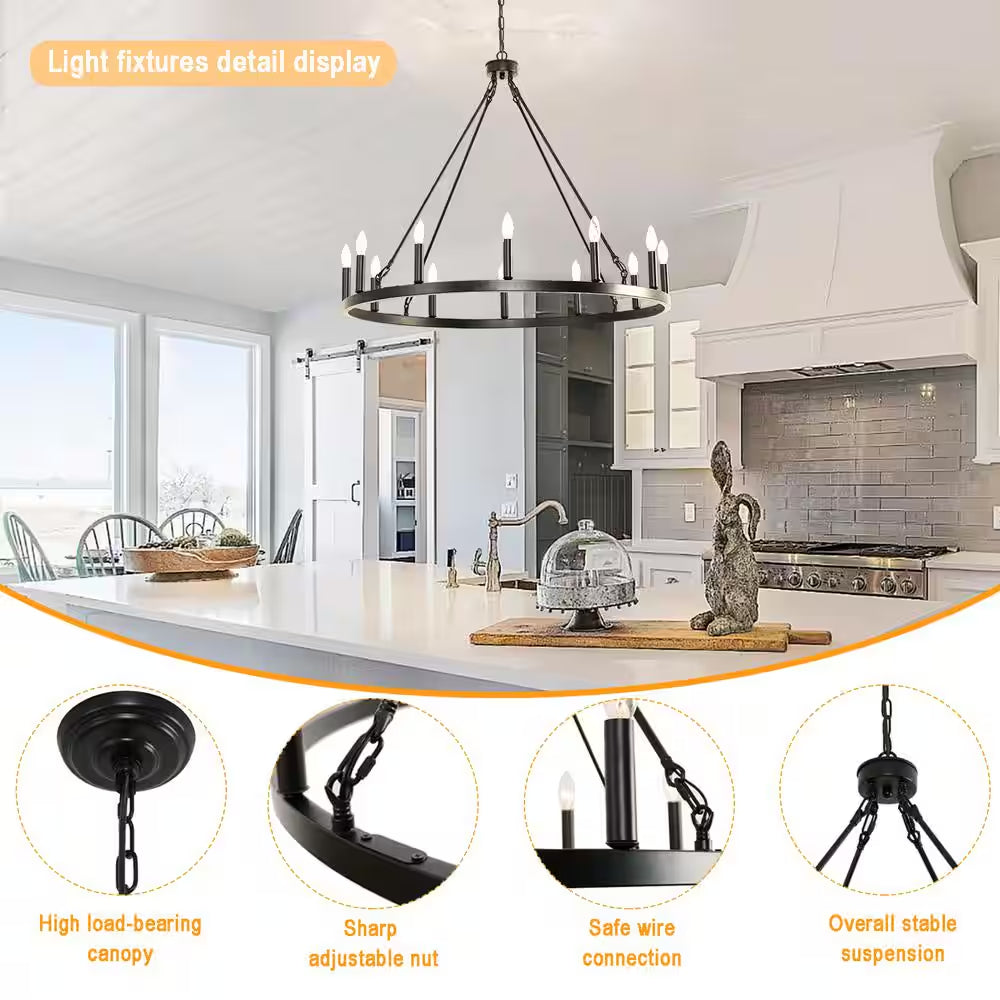 38 In. 12-Light Black Wagon Wheel Chandelier round Wagon Wheel Outdoor Chandelier Porch Light Fixtures