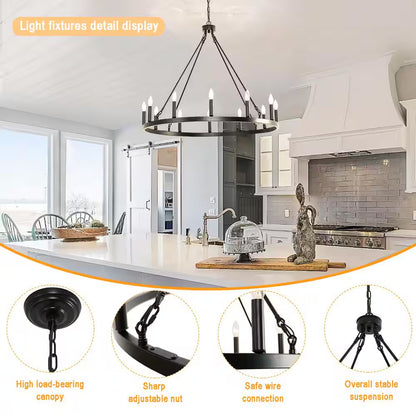 38 In. 12-Light Black Wagon Wheel Chandelier round Wagon Wheel Outdoor Chandelier Porch Light Fixtures