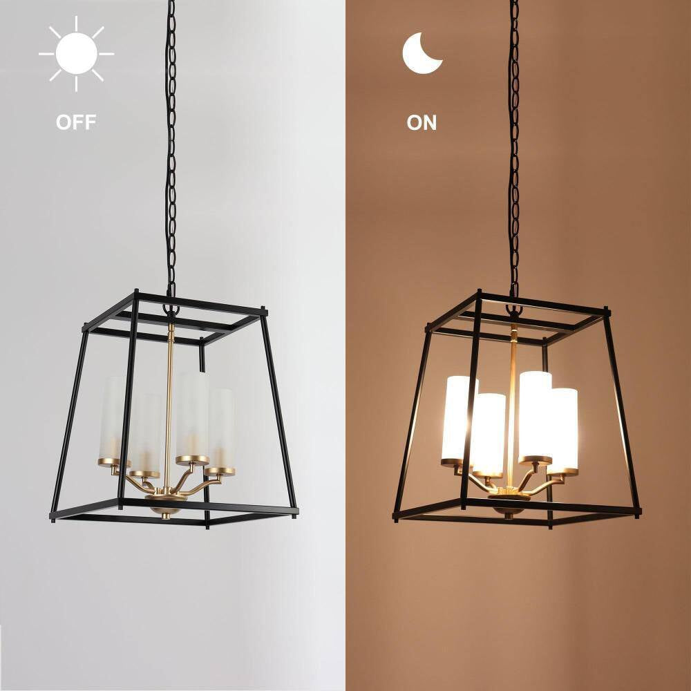 Industrial 4-Light Black Rectangle Chandelier with Frosted Glass Shades, Transitional Gold Pendant Light for Dining Room