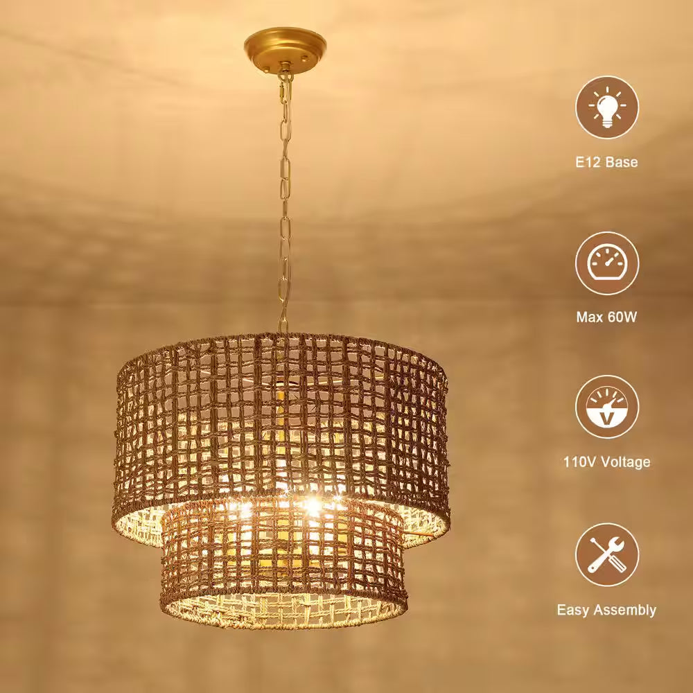 5-Light Gold Bohemian Chandelier 2-Tier Rattan Drum Pendant Light for Living Room