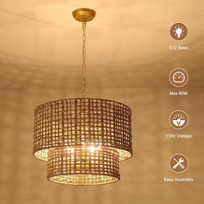 5-Light Gold Bohemian Chandelier 2-Tier Rattan Drum Pendant Light for Living Room