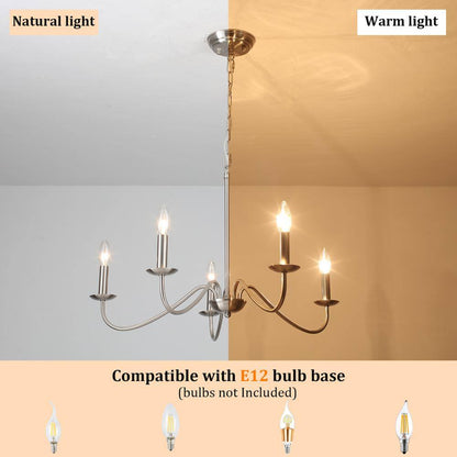 5-Light Nickel Farmhouse Chandeliers for Living Room Foyer Hallway Dining Room