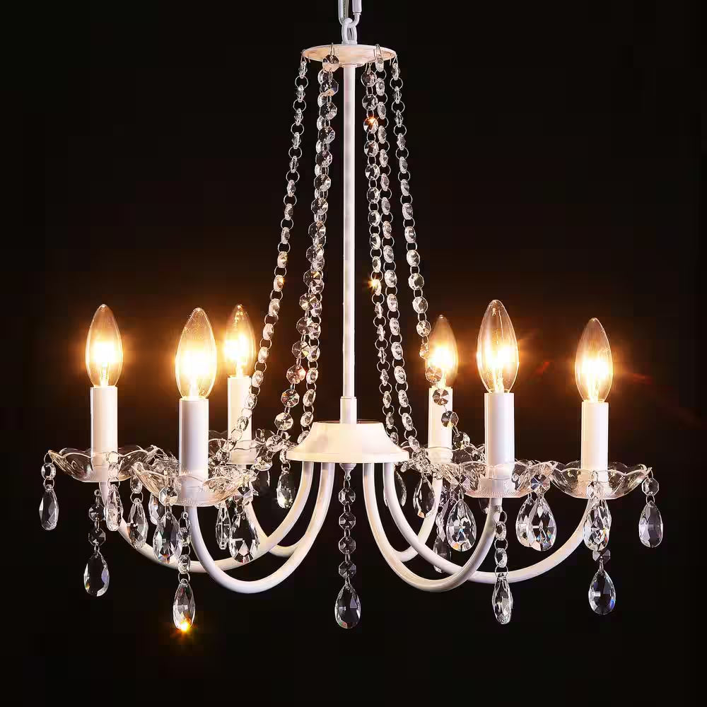 6-Light White Traditional Candle Style Crystal Chandelier for Dining Room Living Room with No Bulbs Included
