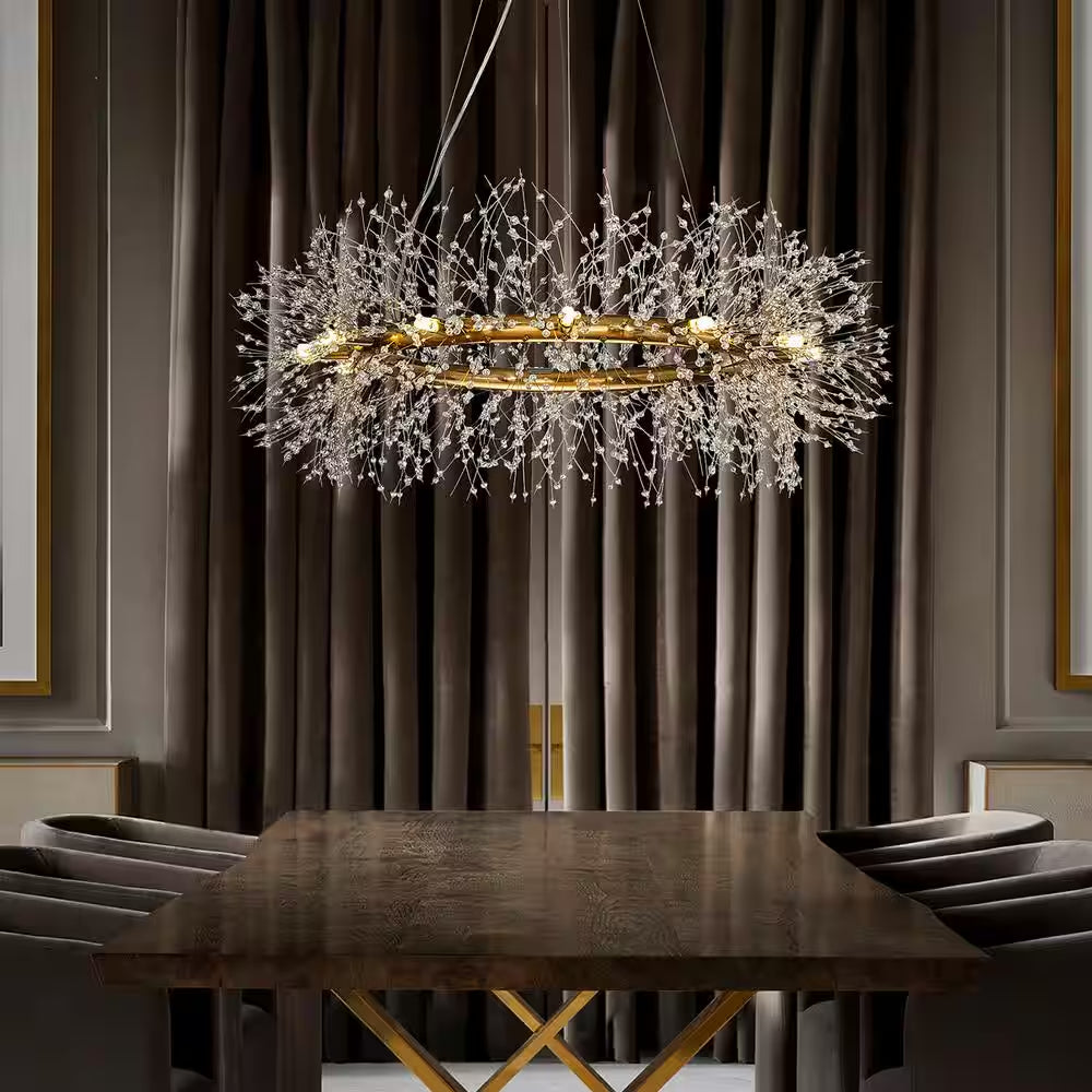 39 In. 12-Light Modern Firework Crystal Chandelier Glam round Pendant Light in Antique Bronze for Dining Room