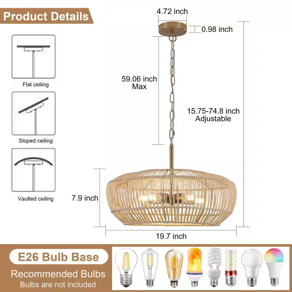 5-Light Gold Modern Bohemian Rattan Chandelier Light with Woven Shade