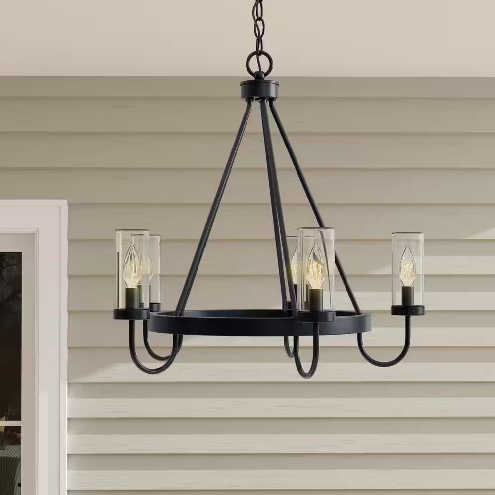 Swansea Collection 4-Light 24 In. Matte Black round Transitional Outdoor Chandelier with Clear Glass Shades