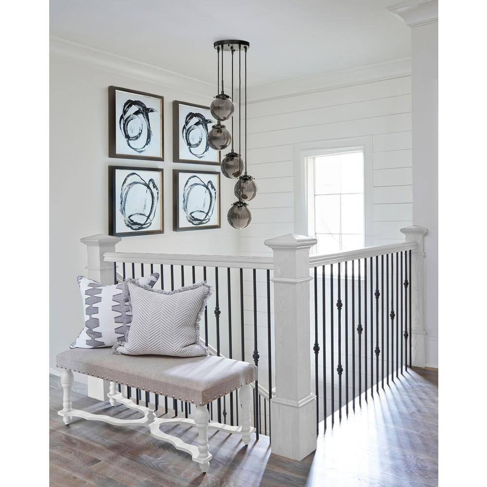 5-Light Modern Matte Black Staircase Chandelier with Smoke Globe Bubble Glass Corner Pendant