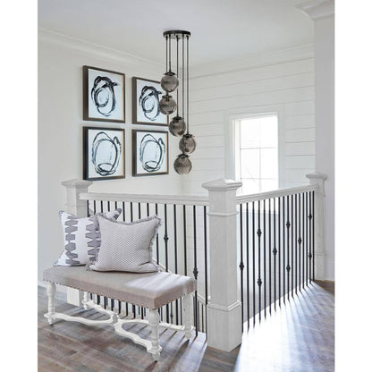 5-Light Modern Matte Black Staircase Chandelier with Smoke Globe Bubble Glass Corner Pendant