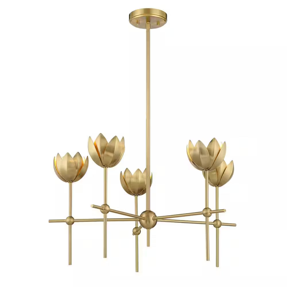 26 In. W X 14 In. H 5-Light Natural Brass Bohemian Chandelier with Metal Shades