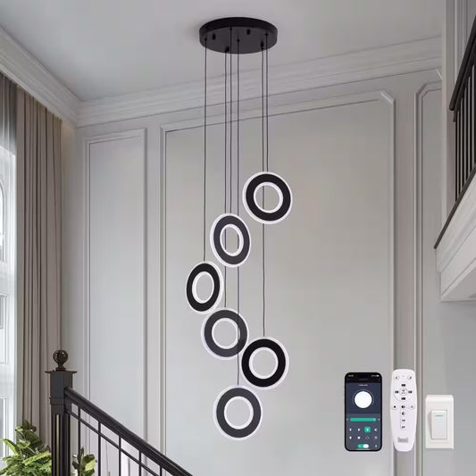 Modern 6-Light Dimmable Integrated LED Black Chandelier High Ceiling Ring Chandelier for Staircase Foyer Dining Room
