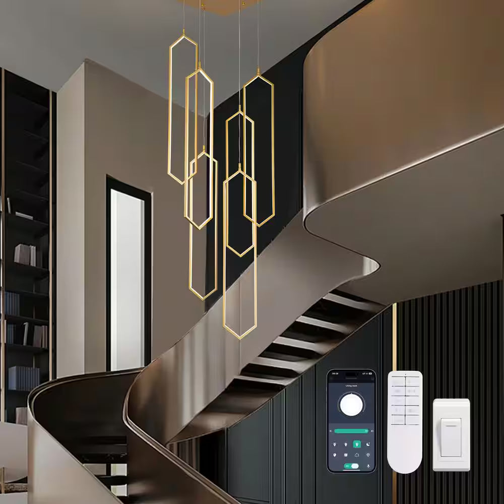 6-Light Modern Dimmable Integrated LED Geometric Gold Chandelier High Ceiling Chandelier for Staircase Foyer Living Room