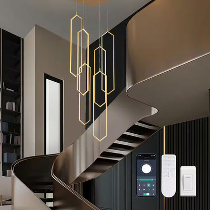 6-Light Modern Dimmable Integrated LED Geometric Gold Chandelier High Ceiling Chandelier for Staircase Foyer Living Room