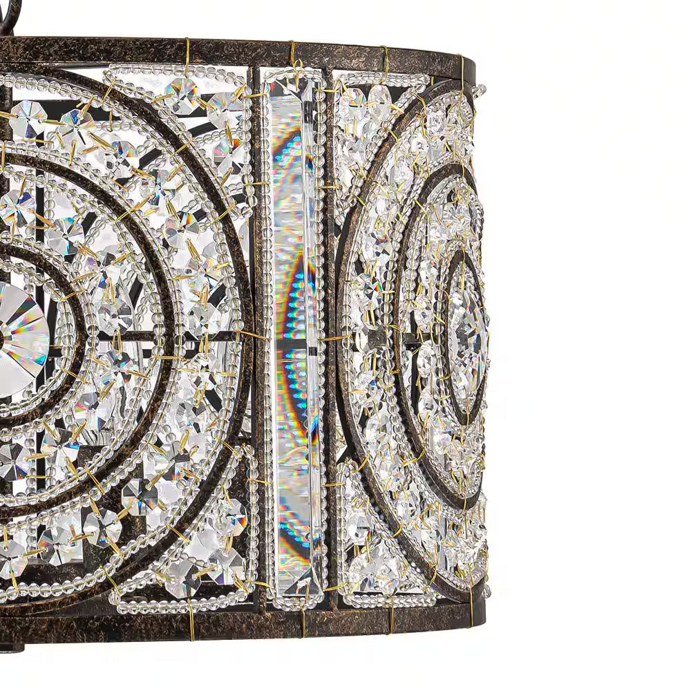Iridescent 4-Light Vintage Crystal Drum Antique Bronze Chandelier Retro Classic Medium Lighting Fixture for Dining Room