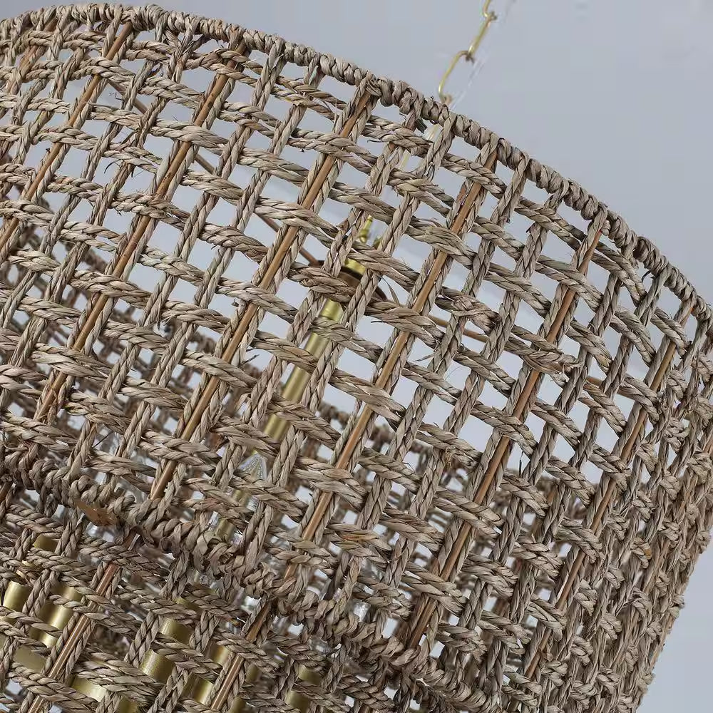 5-Light Gold Bohemian Chandelier 2-Tier Rattan Drum Pendant Light for Living Room